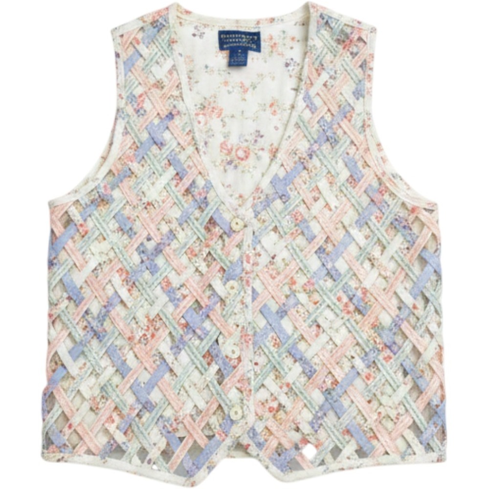 Willow Ridge Vintage Floral Lattice Woven Vest Pastel Medium cotton Cottagecore